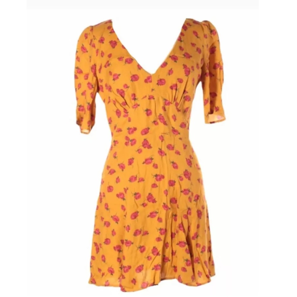 New Reformation Yellow Mustard Floral Rose Dress Sleeved Mini dress Rare 12 XL